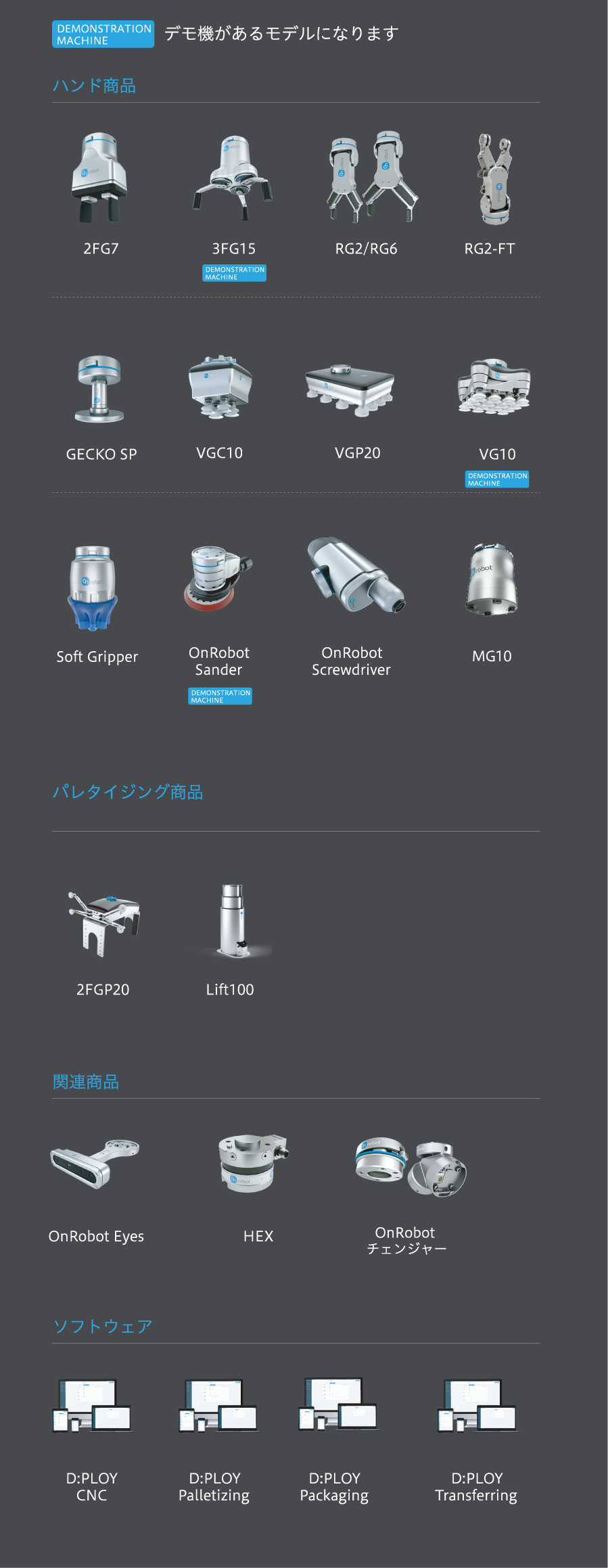 ハンド商品
2FG7
3FG15（DEMONSTRATION
MACHINE）
RG2/RG6
RG2-FT
GECKO SP
VGC10
VGP20
VG10（DEMONSTRATION
MACHINE）
Soft Gripper
OnRobot Sander（DEMONSTRATION
MACHINE）
OnRobot Screwdriver
MG10
パレタイジング商品
2FGP20
Lift100
関連商品
OnRobot Eyes
HEX
OnRobot  チェンジャー
ソフトウェア
D:PLOY CNC
D:PLOY Palletizing
D:PLOY Packaging
D:PLOY Transferring